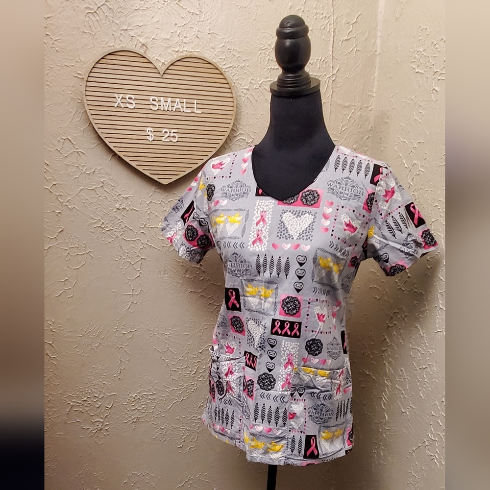 X small breast cancer awareness scrub top